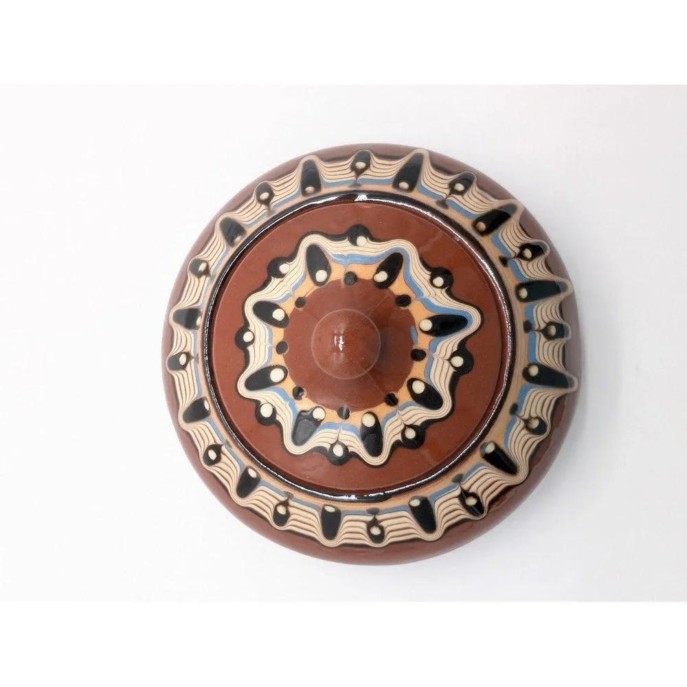 Vintage Bulgarian Troyan Pottery Lid‎ Candy Dish 90s Redware Folk Art Drip Glaze
